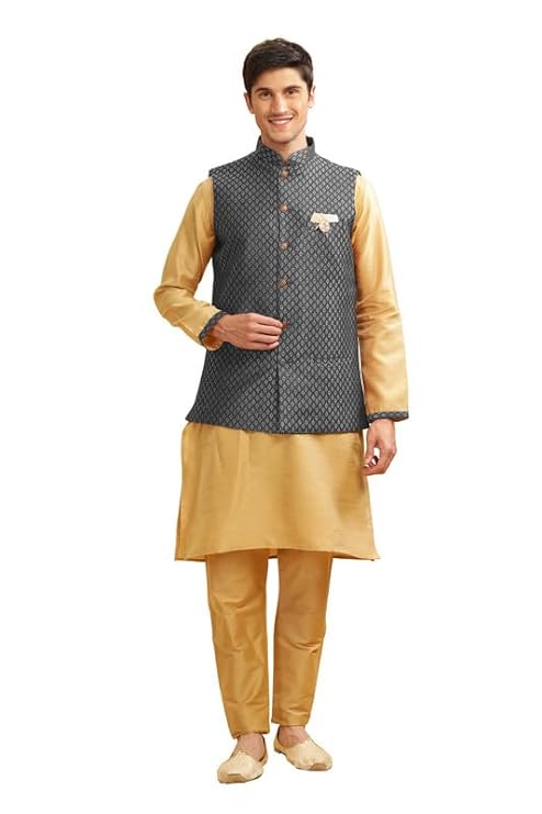 BE ACTIVE Men's Men's Silk Blend Kurta Churidar Pyjama with Ethnic Bundi Jacket Set SIZE XL