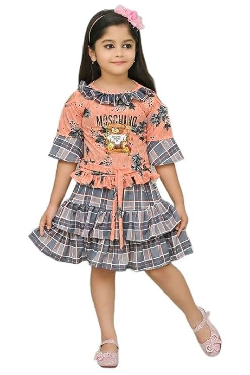 Suncity Fashion Mart Girls Cotton Blend Regular Fit 3/4 Sleeve Ethnic Wear Solid Midi/Knee Length Two PieceTop and Skirt Dress with Elegant Design(AD TOP & Skirt_Orange)(Orange)