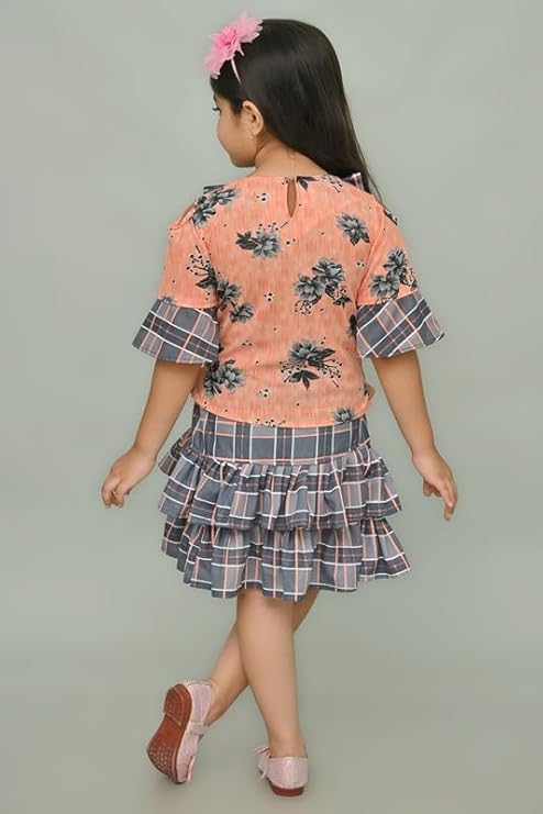 Suncity Fashion Mart Girls Cotton Blend Regular Fit 3/4 Sleeve Ethnic Wear Solid Midi/Knee Length Two PieceTop and Skirt Dress with Elegant Design(AD TOP & Skirt_Orange)(Orange)