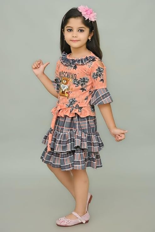 Suncity Fashion Mart Girls Cotton Blend Regular Fit 3/4 Sleeve Ethnic Wear Solid Midi/Knee Length Two PieceTop and Skirt Dress with Elegant Design(AD TOP & Skirt_Orange)(Orange)