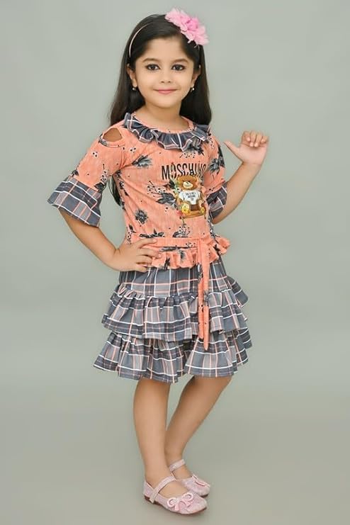 Suncity Fashion Mart Girls Cotton Blend Regular Fit 3/4 Sleeve Ethnic Wear Solid Midi/Knee Length Two PieceTop and Skirt Dress with Elegant Design(AD TOP & Skirt_Orange)(Orange)