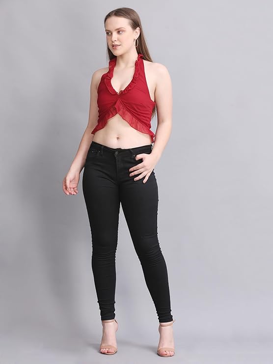 Swishin Women Ruffle Hem Halter Crop Top | Sleeveless Deep V Neck Bralette Style Top | Western Summer Fashion for Casual Wear | Comfortable Outfit for Streetwear.