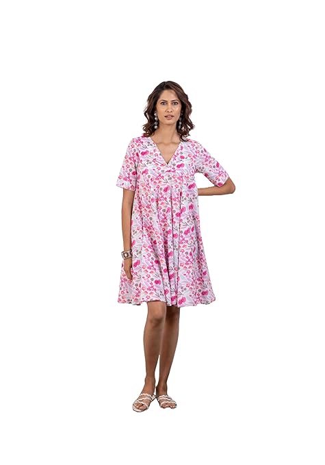 INAAYA JAIPUR Women's Cotton Cambric, V-Neck, Half Sleeves, Floral Printed Short Dress Perfect for Casual, Summer
