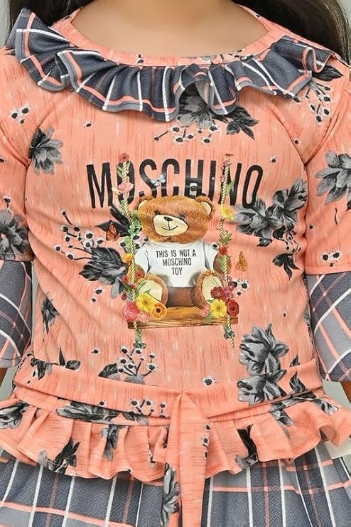 Suncity Fashion Mart Girls Cotton Blend Regular Fit 3/4 Sleeve Ethnic Wear Solid Midi/Knee Length Two PieceTop and Skirt Dress with Elegant Design(AD TOP & Skirt_Orange)(Orange)