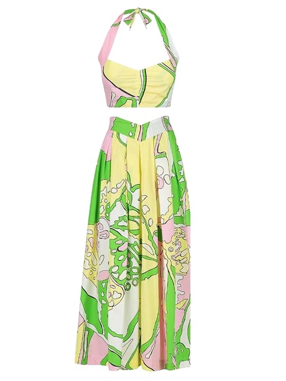 Women Western Two Piece Top and Long Skirt Abstract Print Maxi Co ord Dress Relaxed Vacation Outfit Travel And Beach Wear Stylish Latest Dress