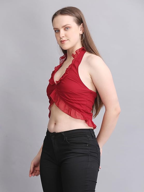 Swishin Women Ruffle Hem Halter Crop Top | Sleeveless Deep V Neck Bralette Style Top | Western Summer Fashion for Casual Wear | Comfortable Outfit for Streetwear.