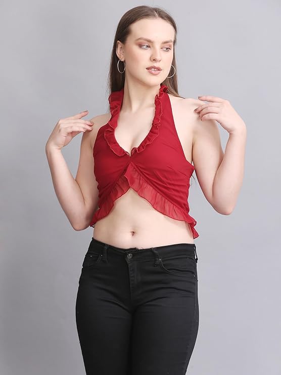 Swishin Women Ruffle Hem Halter Crop Top | Sleeveless Deep V Neck Bralette Style Top | Western Summer Fashion for Casual Wear | Comfortable Outfit for Streetwear.