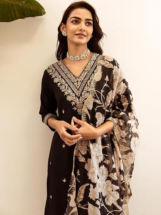 INDO ERA Women's Rayon Viscose Rayon Embroidered Straight Kurta & Salwar With Dupatta Set