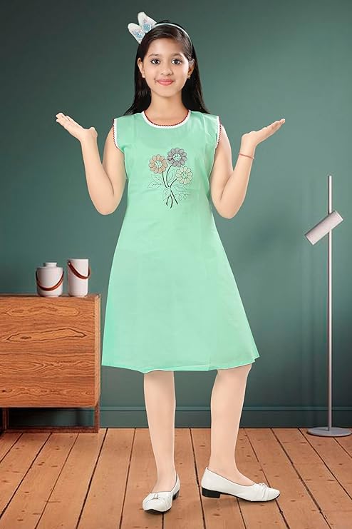 SOUNIK FASHION SDS Girls' Cotton Summer Dress – Sleeveless, Breathable & Stylish Frock with Floral Embroidery – Perfect for Casual