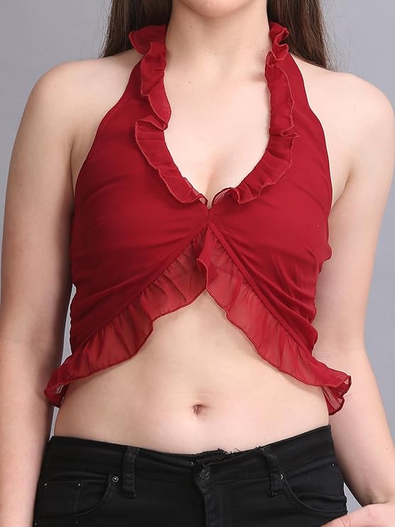 Swishin Women Ruffle Hem Halter Crop Top | Sleeveless Deep V Neck Bralette Style Top | Western Summer Fashion for Casual Wear | Comfortable Outfit for Streetwear.