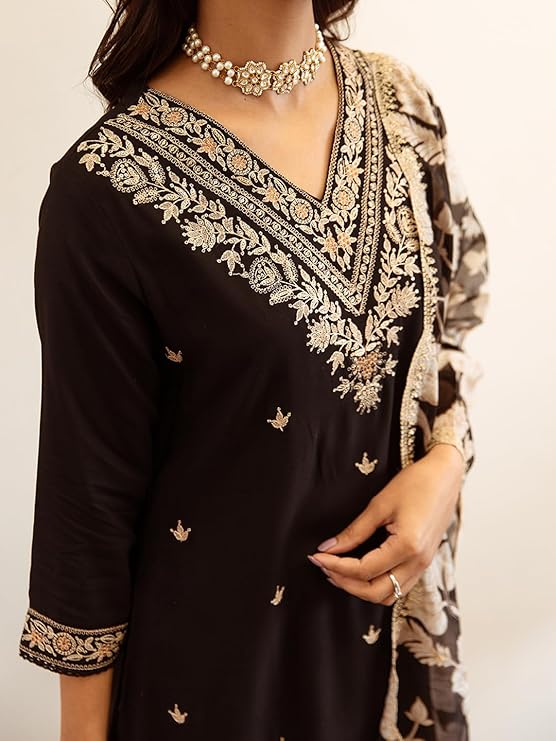 INDO ERA Women's Rayon Viscose Rayon Embroidered Straight Kurta & Salwar With Dupatta Set