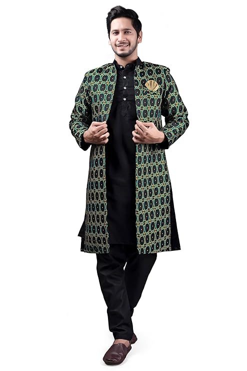 XEPON Men's Jacquard Casual Regular Printed Full Sleeve Knee Length Kurta Pyjama With Long Koti Jacket/Waistcoat 3 Piece Ethnic Wear Set