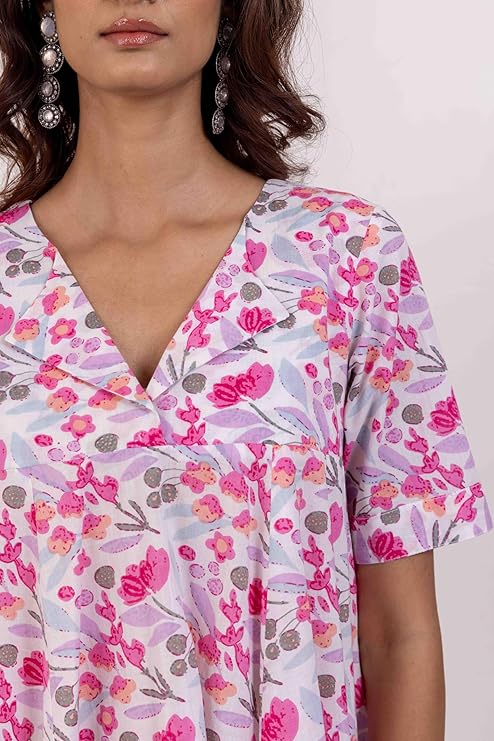 INAAYA JAIPUR Women's Cotton Cambric, V-Neck, Half Sleeves, Floral Printed Short Dress Perfect for Casual, Summer