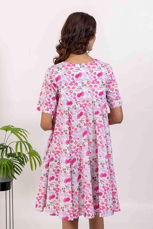 INAAYA JAIPUR Women's Cotton Cambric, V-Neck, Half Sleeves, Floral Printed Short Dress Perfect for Casual, Summer