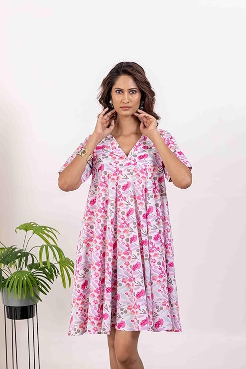 INAAYA JAIPUR Women's Cotton Cambric, V-Neck, Half Sleeves, Floral Printed Short Dress Perfect for Casual, Summer