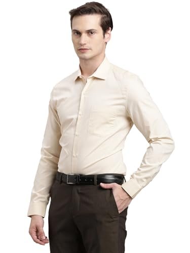 Turtle Men Pure Cotton Slim Fit Dobby Full Sleeve Beige Formal Shirt