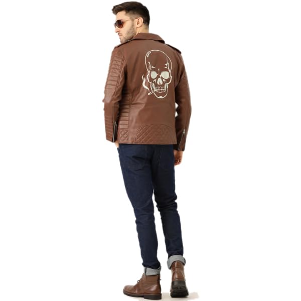 Leather Retail Men's Back Printed Solid Biker Jacket (Brown)-XS