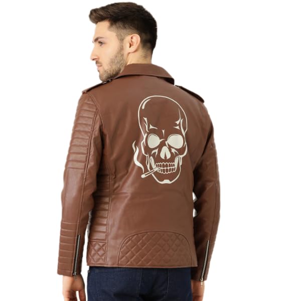 Leather Retail Men's Back Printed Solid Biker Jacket (Brown)-XS