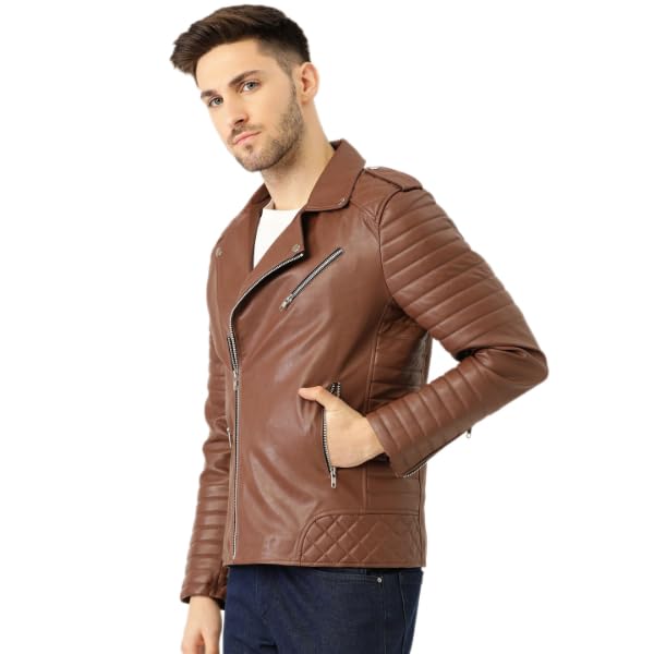 Leather Retail Men's Back Printed Solid Biker Jacket (Brown)-XS