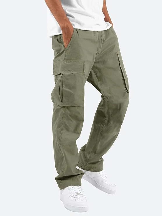 Lymio Mens Mid Rise Cargo Pants Cotton Loose Fit Drawstring Waist Long Olive Green (Cargo-01-04) S
