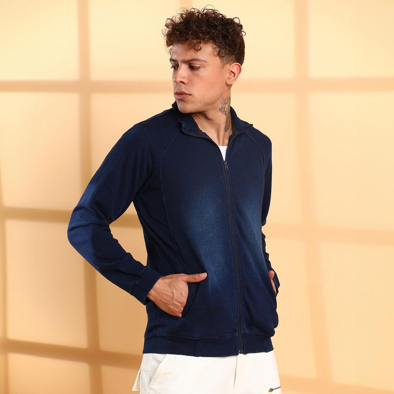 Campus Sutra Men's Navy Blue Zip-Front Dark-Wash Denim Jacket For Casual Wear | High Neck | Long Sleeve | Zipper Closure | Cotton Jacket Crafted With Comfort Fit For Everyday Wear