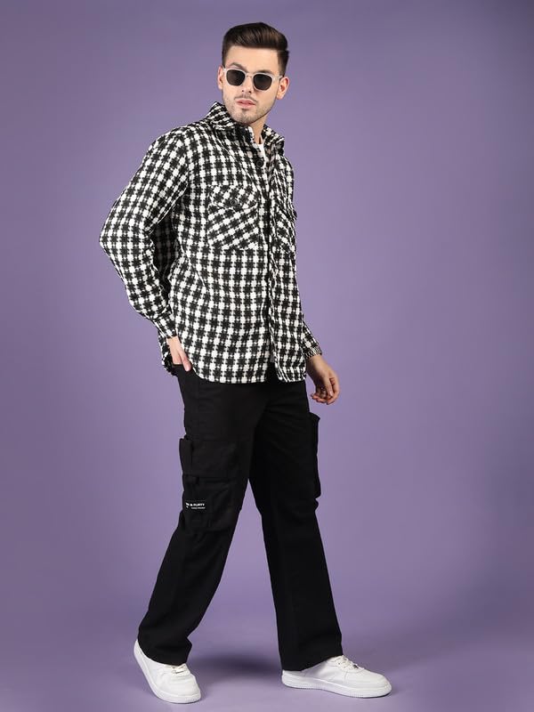 CHKOKKO Wool Men Winter Wear Check Shacket Plaid Button Down Standard Length Jacket BlkWhiteChk S