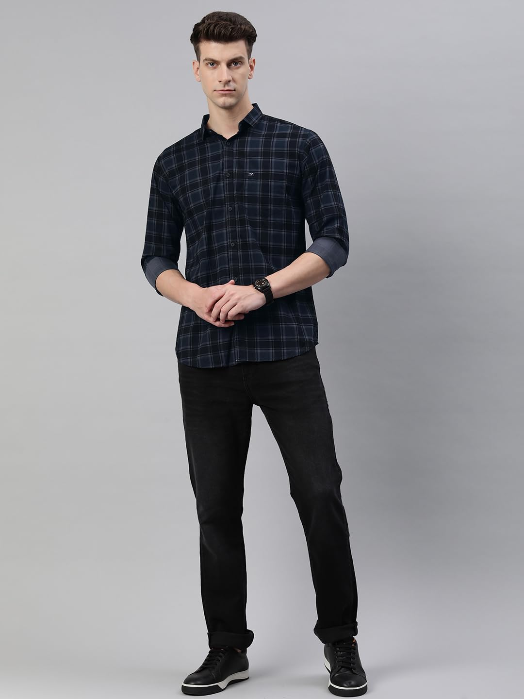 Majestic Man Men Small Checkered Slim Fit Cotton Casual Shirt (Medium, Charcoal Grey)