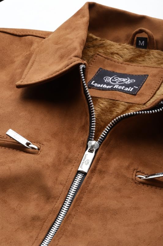 Leather Retail Brown Suede Faux Leather Standard Length Jacket For Men's(L)
