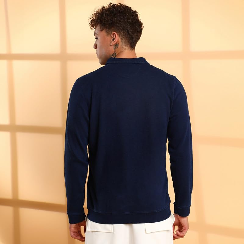 Campus Sutra Men's Navy Blue Zip-Front Dark-Wash Denim Jacket For Casual Wear | High Neck | Long Sleeve | Zipper Closure | Cotton Jacket Crafted With Comfort Fit For Everyday Wear