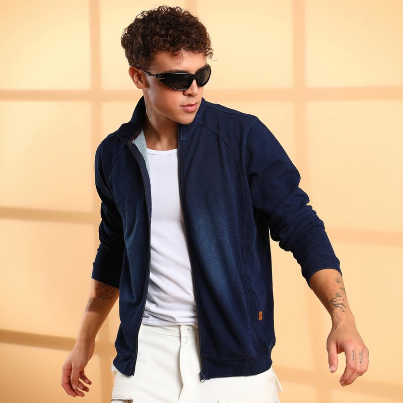 Campus Sutra Men's Navy Blue Zip-Front Dark-Wash Denim Jacket For Casual Wear | High Neck | Long Sleeve | Zipper Closure | Cotton Jacket Crafted With Comfort Fit For Everyday Wear