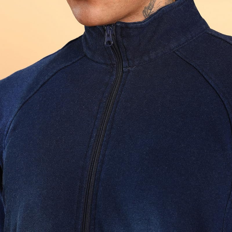 Campus Sutra Men's Navy Blue Zip-Front Dark-Wash Denim Jacket For Casual Wear | High Neck | Long Sleeve | Zipper Closure | Cotton Jacket Crafted With Comfort Fit For Everyday Wear