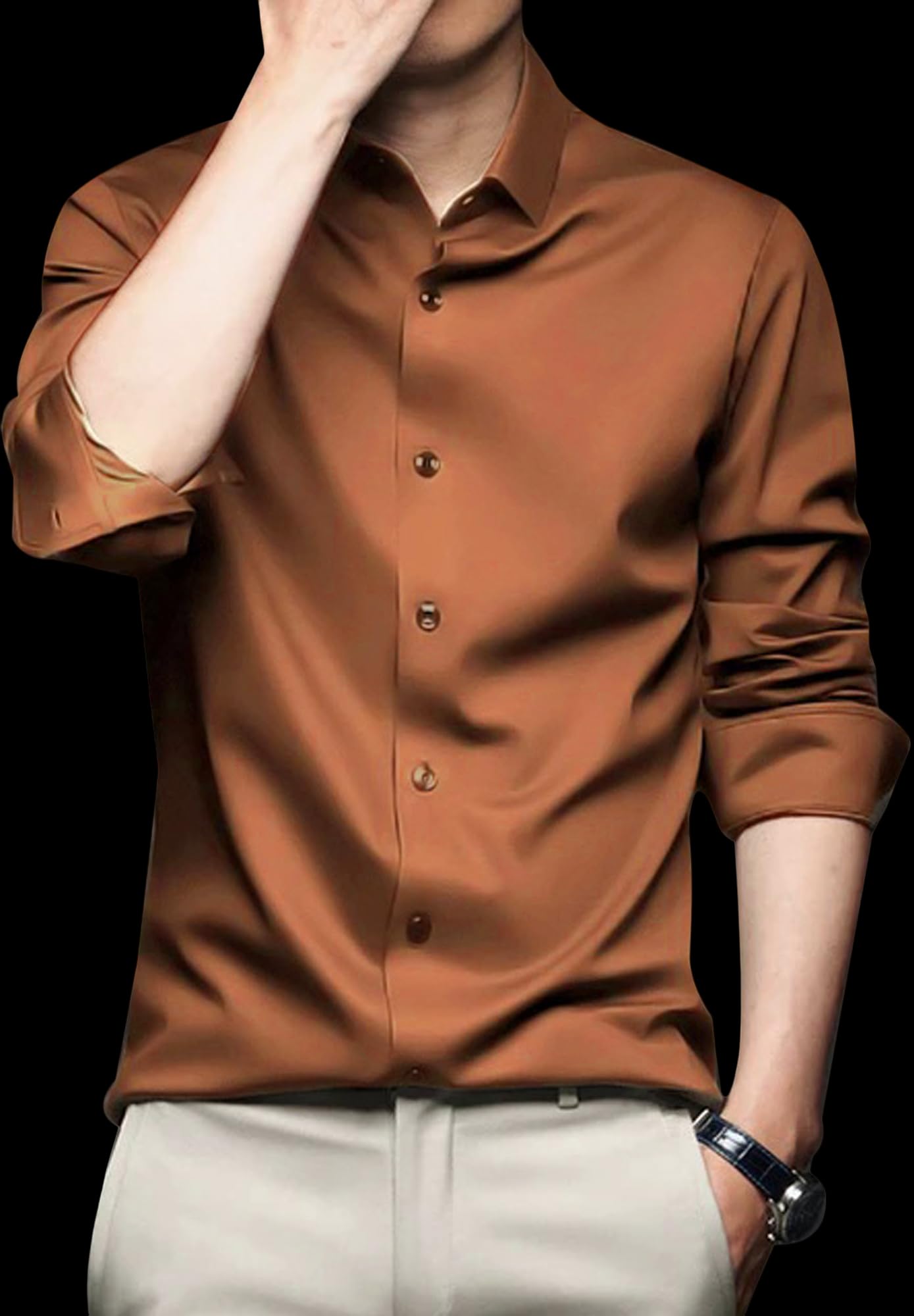 IndoPrimo Men's Stylish Solid Satin Casual Shirt for Men Full Sleeve (in, Alpha, M, Brown)