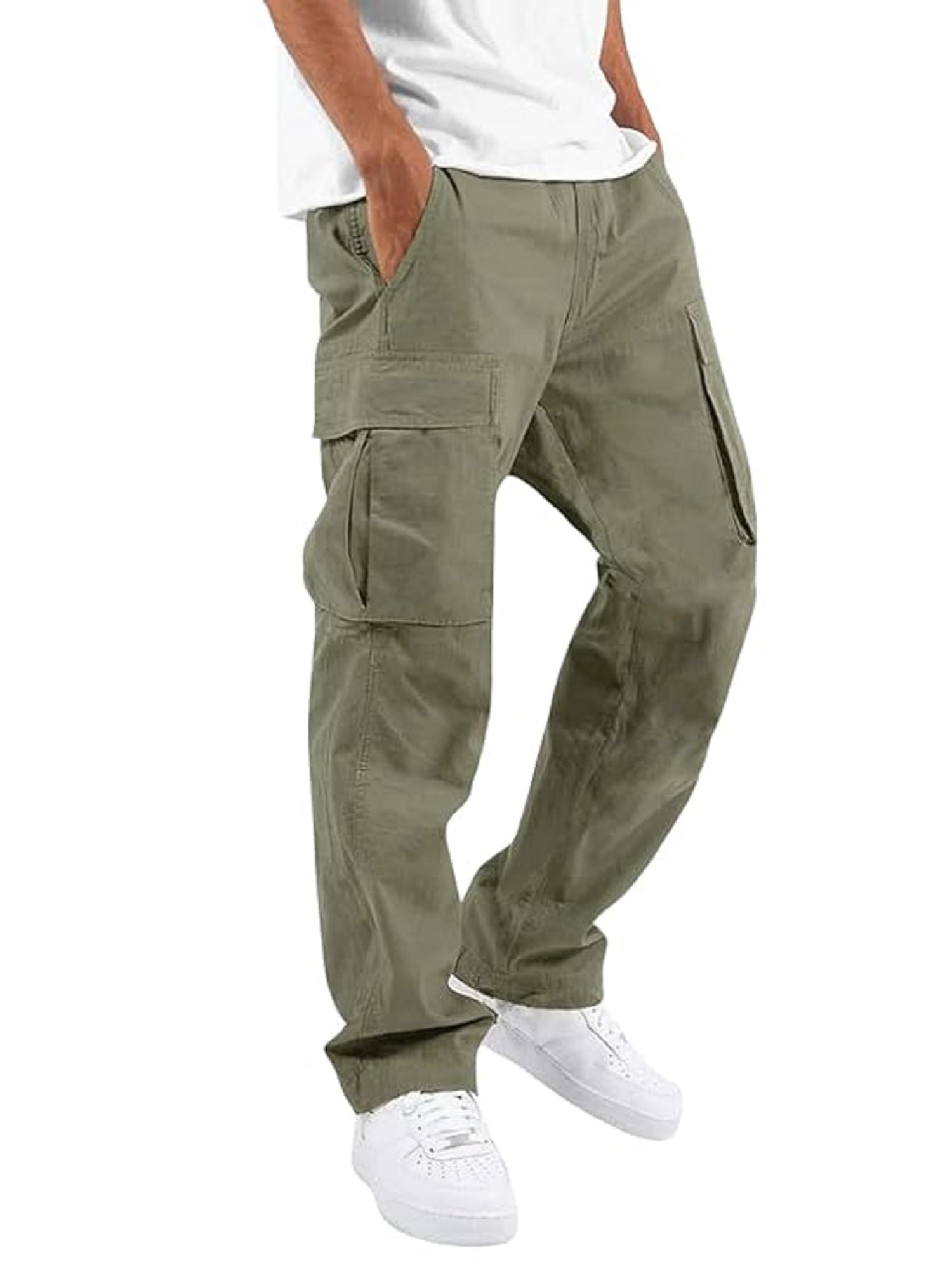 Lymio Mens Mid Rise Cargo Pants Cotton Loose Fit Drawstring Waist Long Olive Green (Cargo-01-04) S