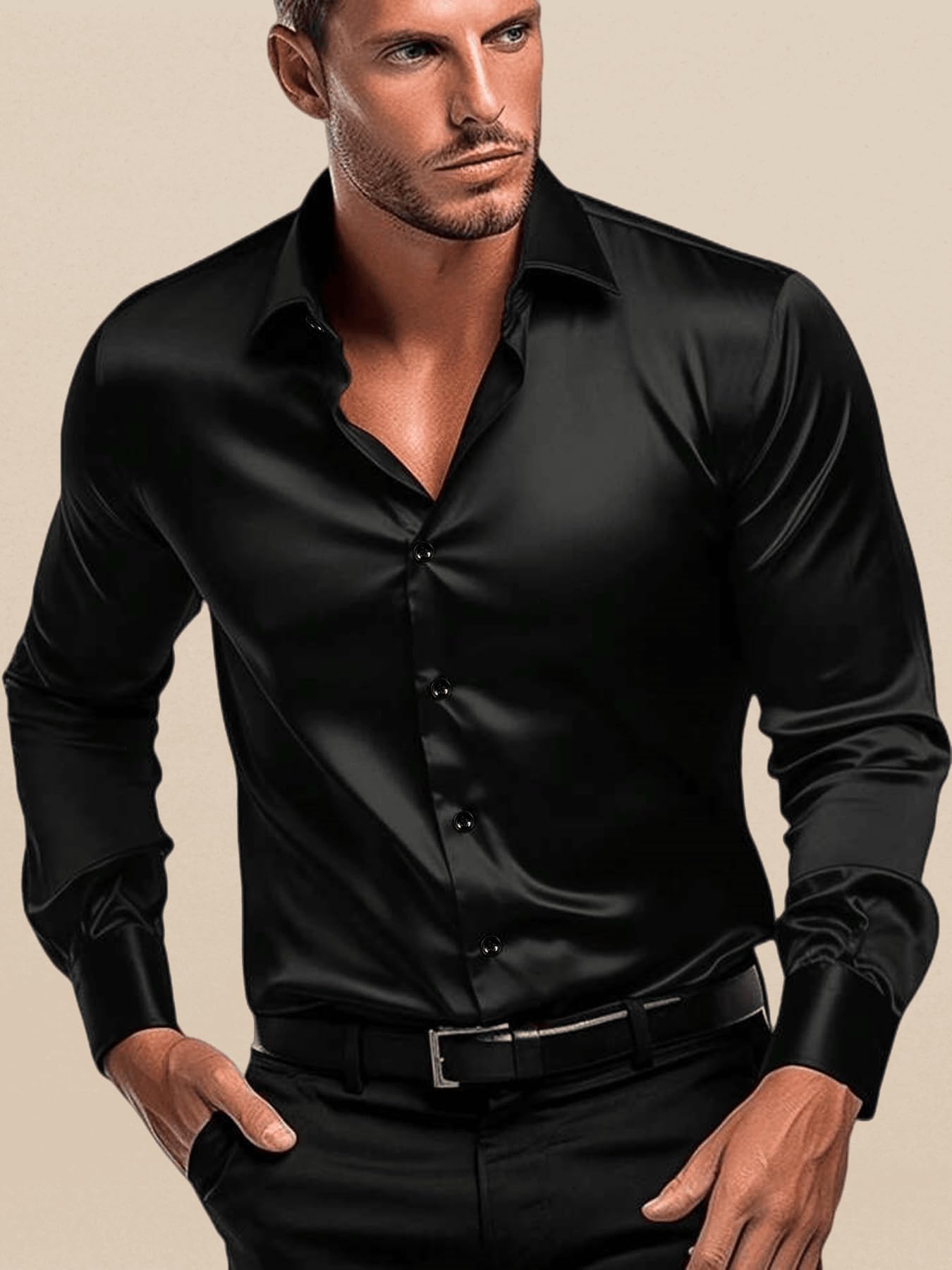 IndoPrimo Men's Classic fit Plain Satin Casual Shirt for Men Full Sleeve (in, Alpha, 2XL, Black)