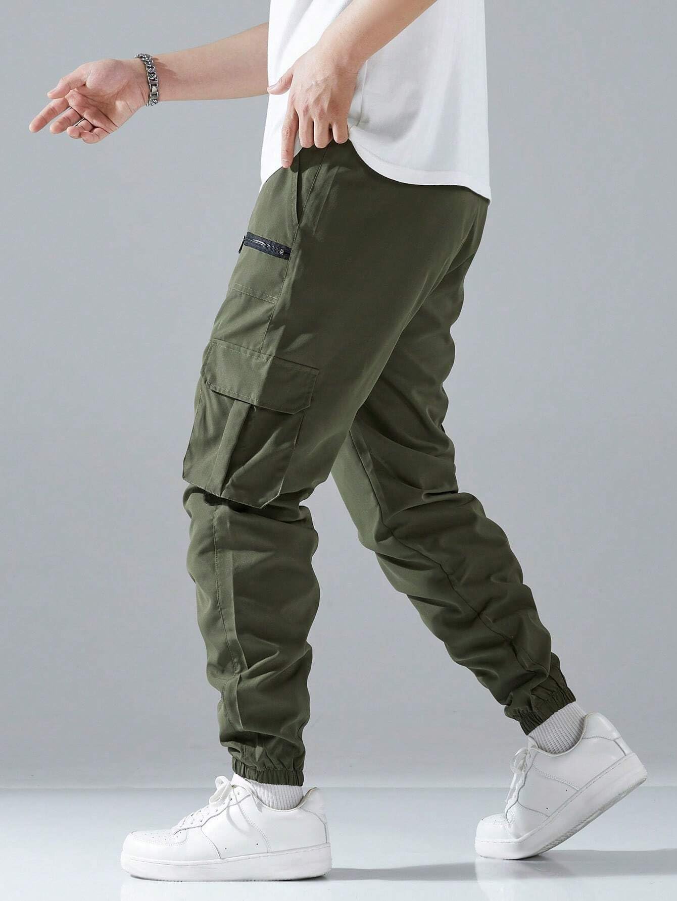 Lymio Men Mid Rise Cargo Pants Cotton Green XL