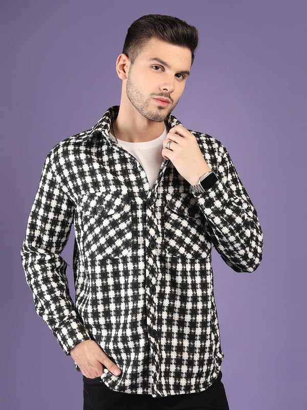 CHKOKKO Wool Men Winter Wear Check Shacket Plaid Button Down Standard Length Jacket BlkWhiteChk S