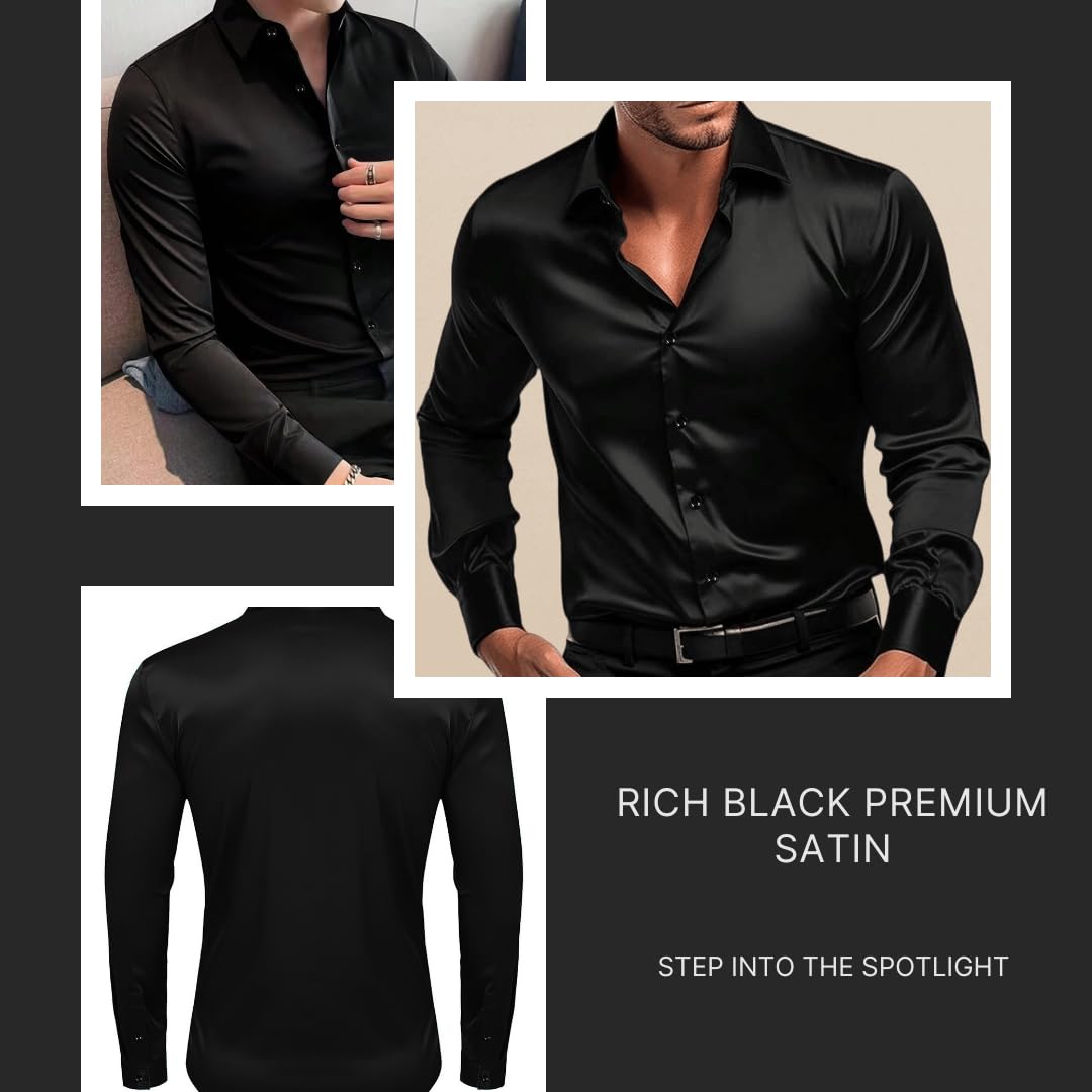 IndoPrimo Men's Classic fit Plain Satin Casual Shirt for Men Full Sleeve (in, Alpha, 2XL, Black)