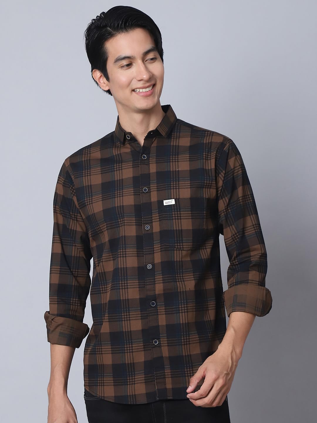 Majestic Man Comfort Cotton Slim Fit Checked Casual Shirt for Men (Brown, Medium)