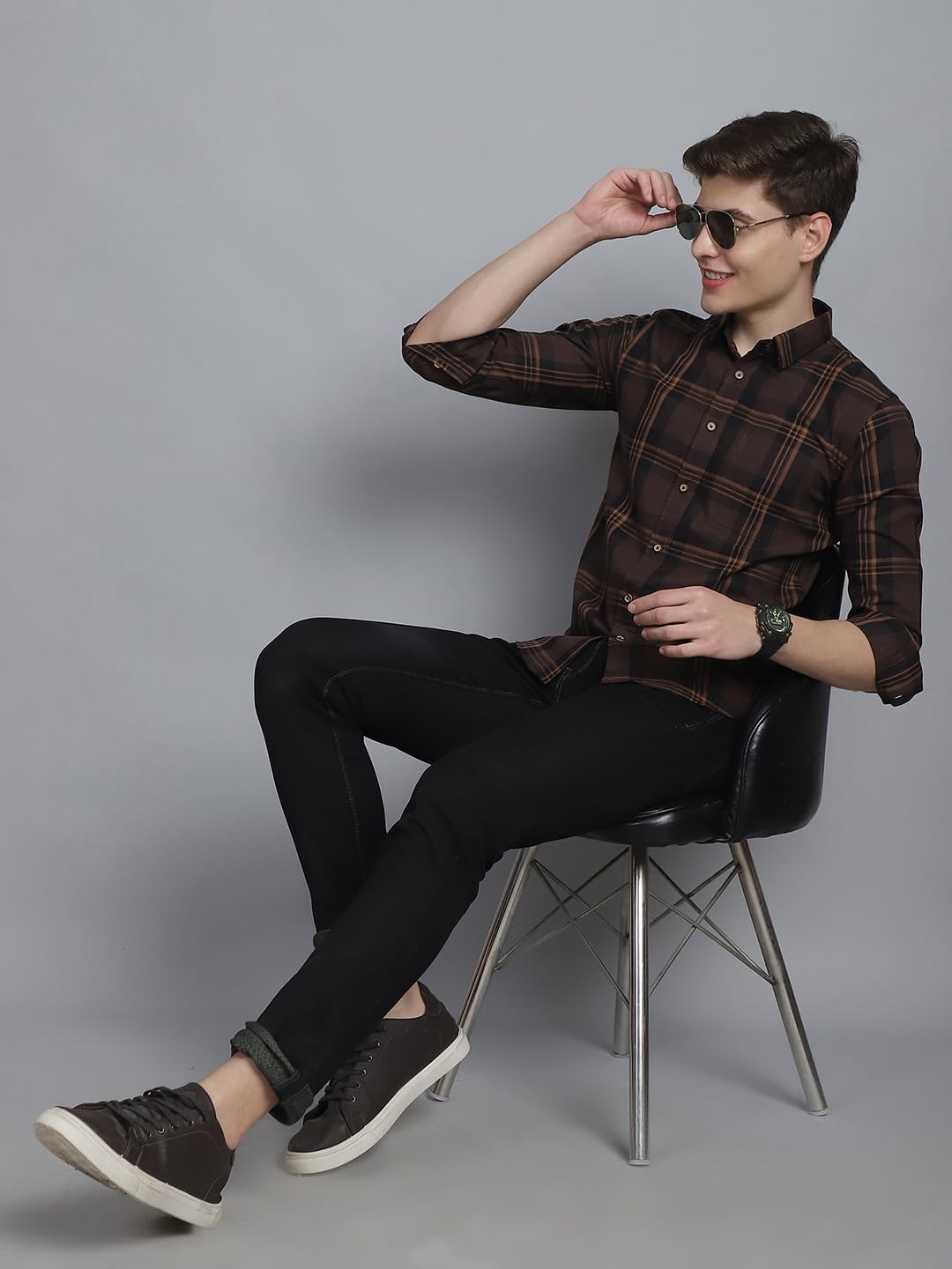 Majestic Man Comfort Cotton Slim Fit Checked Casual Shirt for Men (Brown, Medium)