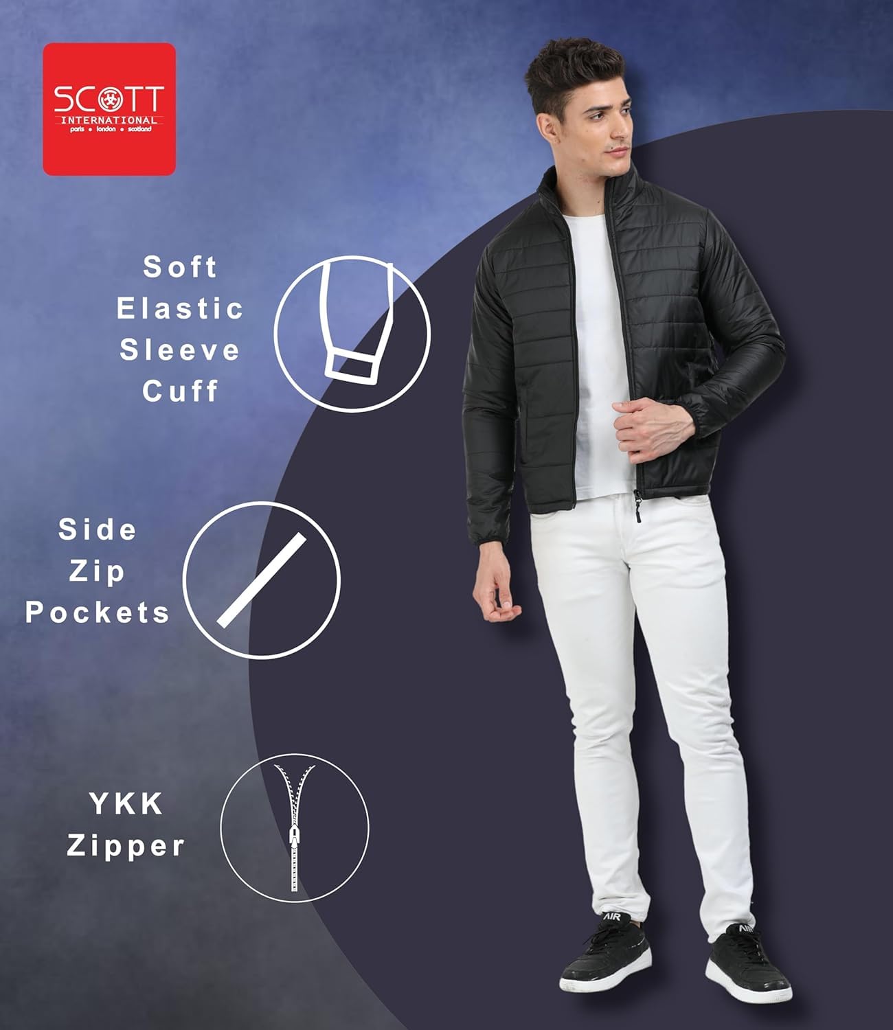 Scott International Winter Jacket for Men Bomber Jacket Mens Nylon Quilted standard length Puffer Jacket Full Sleeve Mens Jacket Monsoon Jackets for Men All Weather Jacket for Men