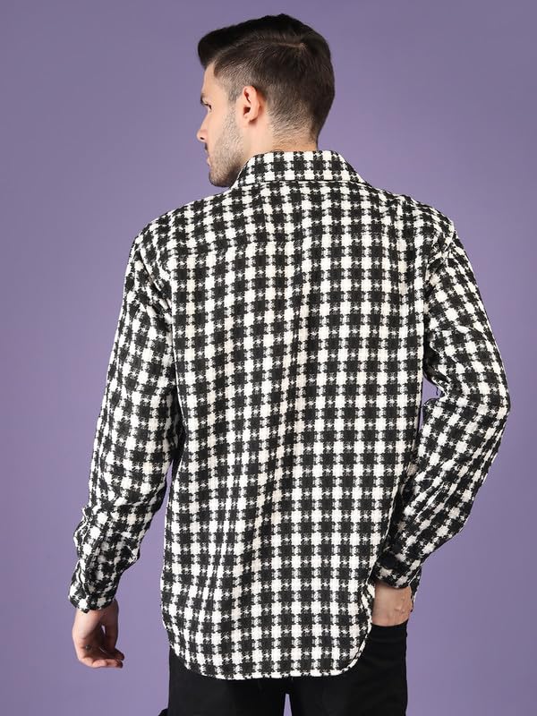 CHKOKKO Wool Men Winter Wear Check Shacket Plaid Button Down Standard Length Jacket BlkWhiteChk S