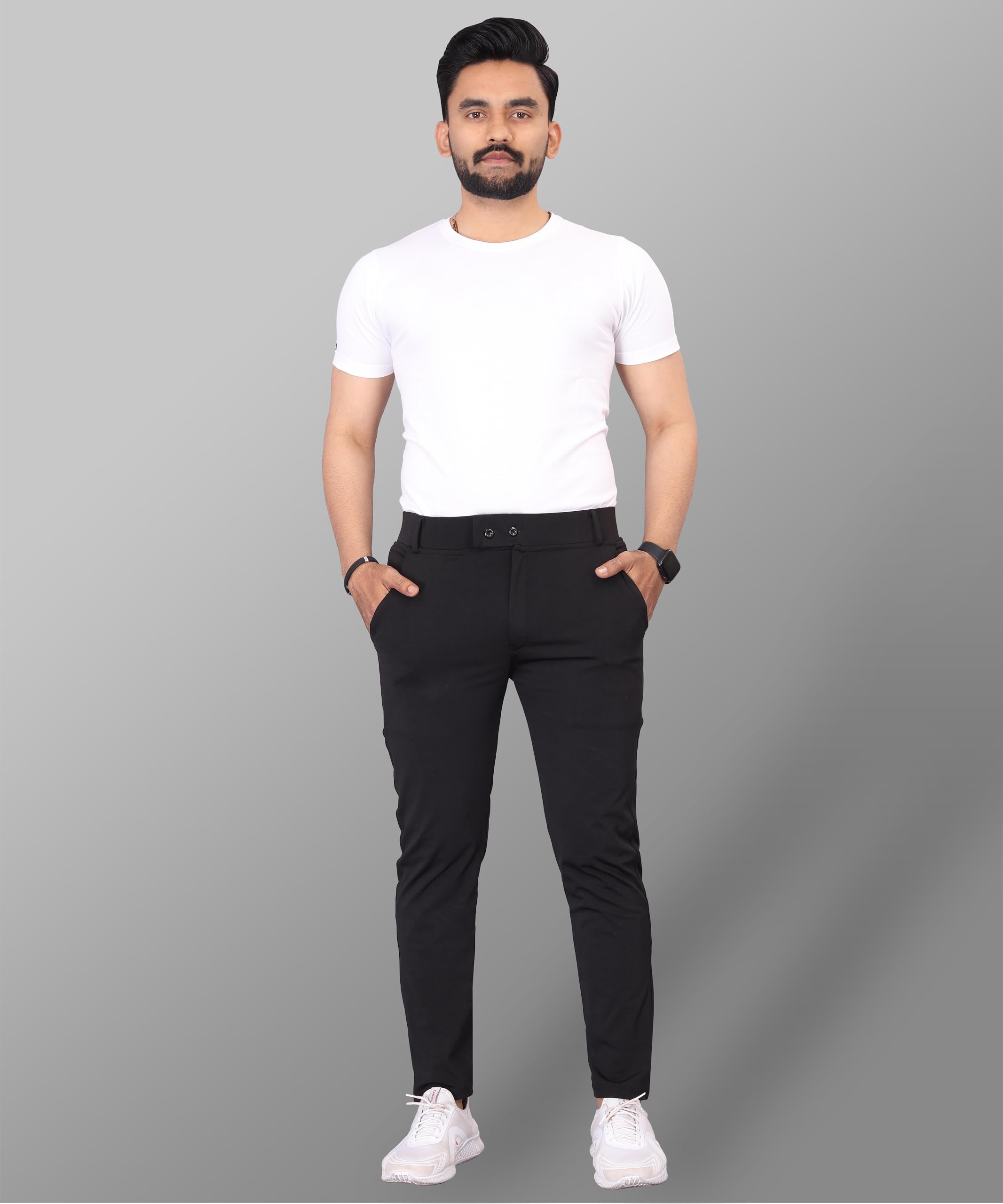 Mehrang Men's Slim Fit Casual Mid Rise Trousers, Cotton Blend, Side Pockets (in, Numeric, 32, Regular, Black)