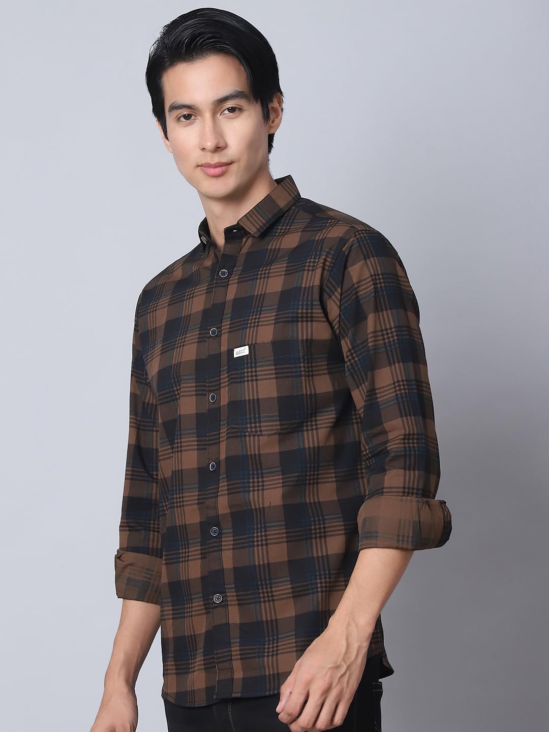 Majestic Man Comfort Cotton Slim Fit Checked Casual Shirt for Men (Brown, Medium)