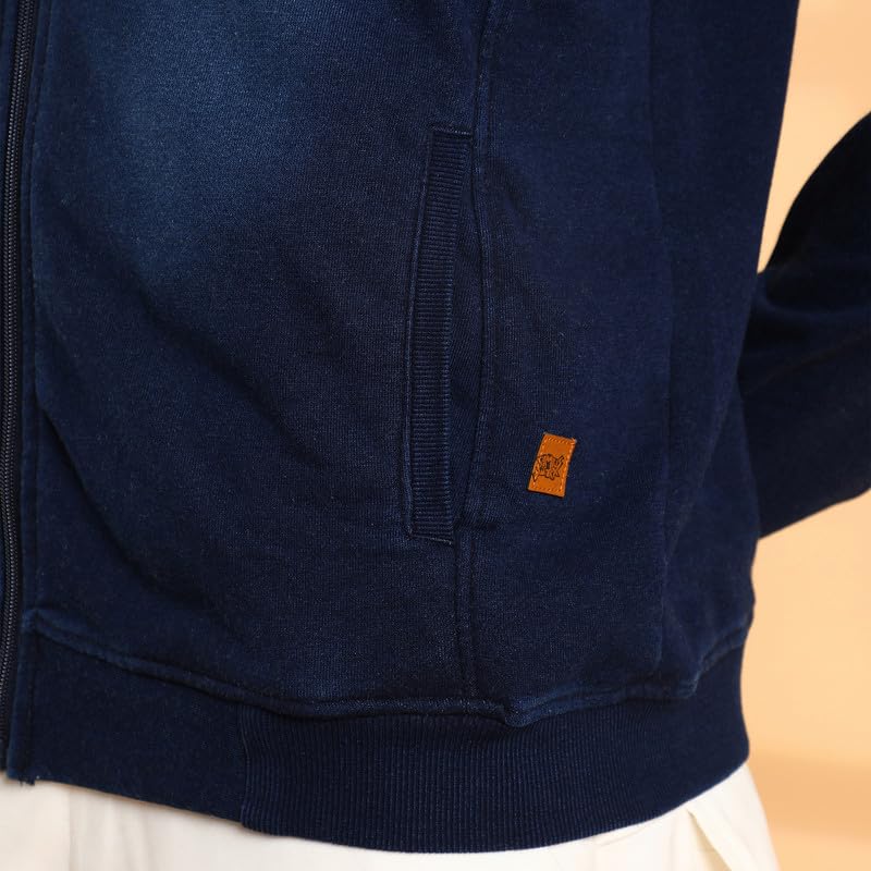 Campus Sutra Men's Navy Blue Zip-Front Dark-Wash Denim Jacket For Casual Wear | High Neck | Long Sleeve | Zipper Closure | Cotton Jacket Crafted With Comfort Fit For Everyday Wear