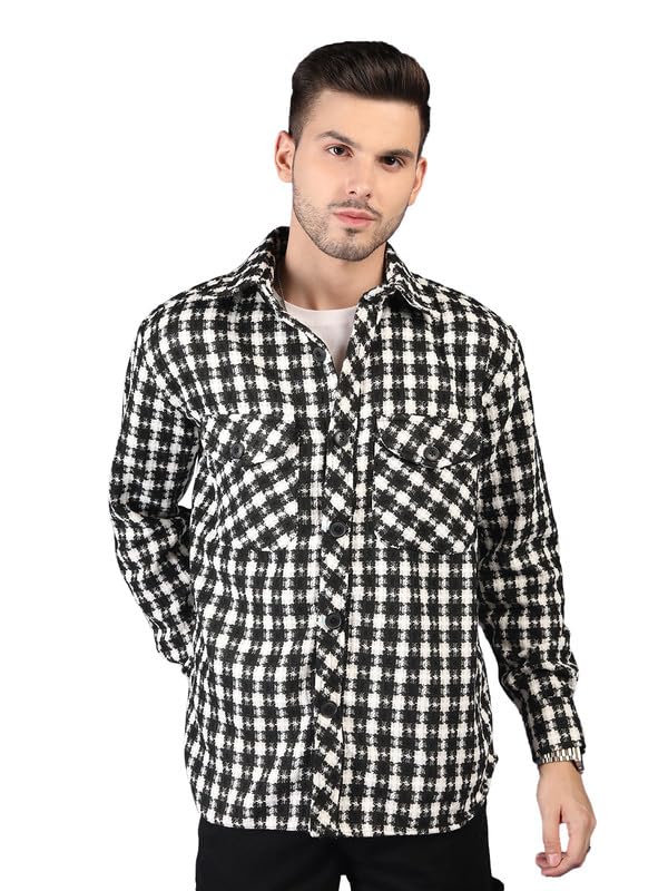 CHKOKKO Wool Men Winter Wear Check Shacket Plaid Button Down Standard Length Jacket BlkWhiteChk S