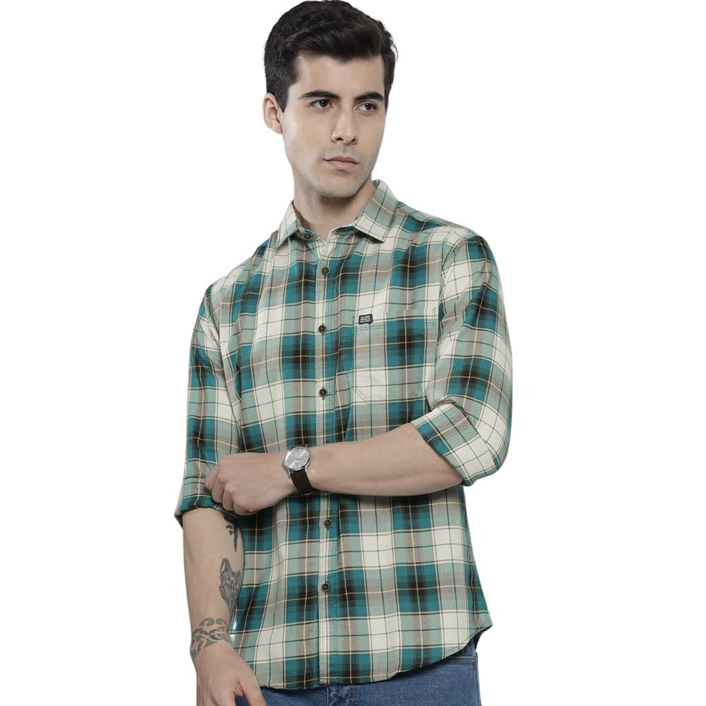 The Indian Garage Co Men's Checkered Slim Fit Shirt (1221-SH151-32_Green & White S)
