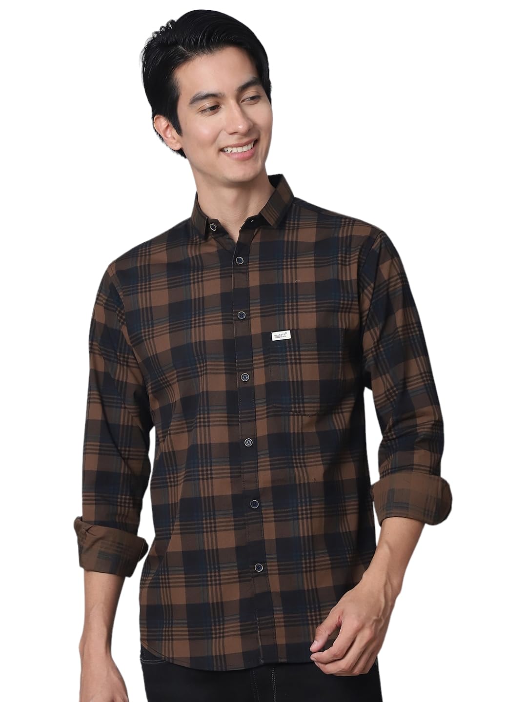 Majestic Man Comfort Cotton Slim Fit Checked Casual Shirt for Men (Brown, Medium)
