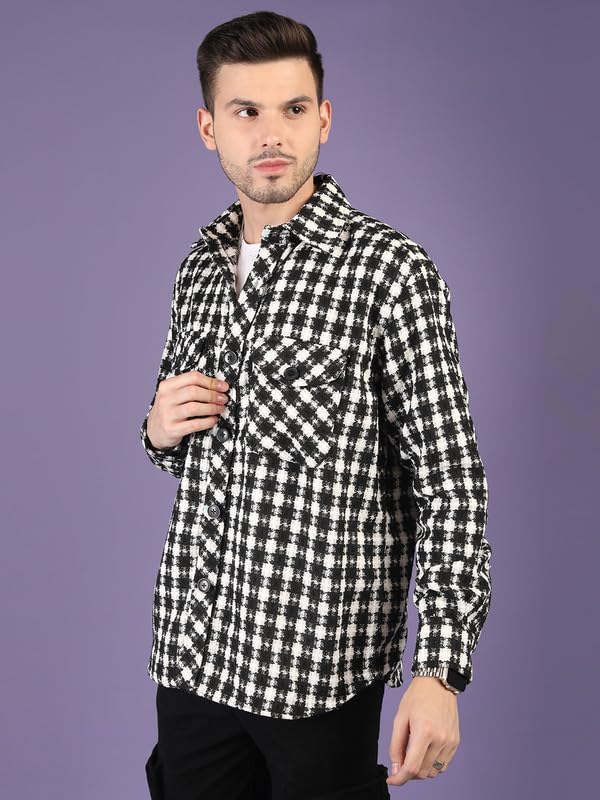 CHKOKKO Wool Men Winter Wear Check Shacket Plaid Button Down Standard Length Jacket BlkWhiteChk S