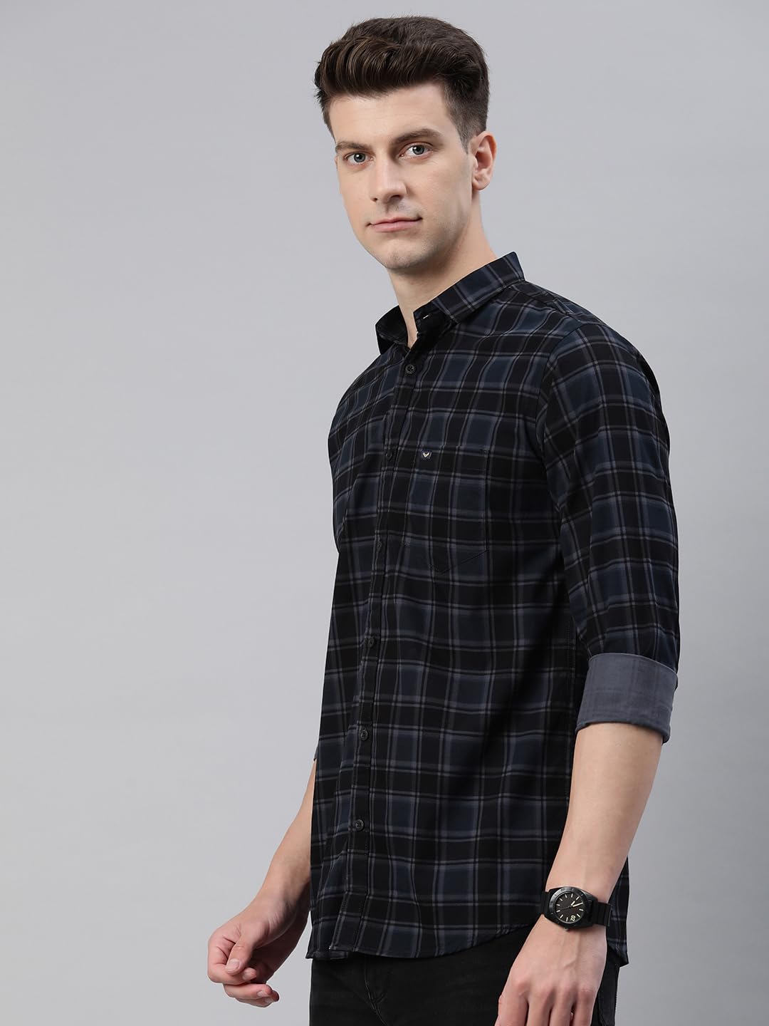 Majestic Man Men Small Checkered Slim Fit Cotton Casual Shirt (Medium, Charcoal Grey)