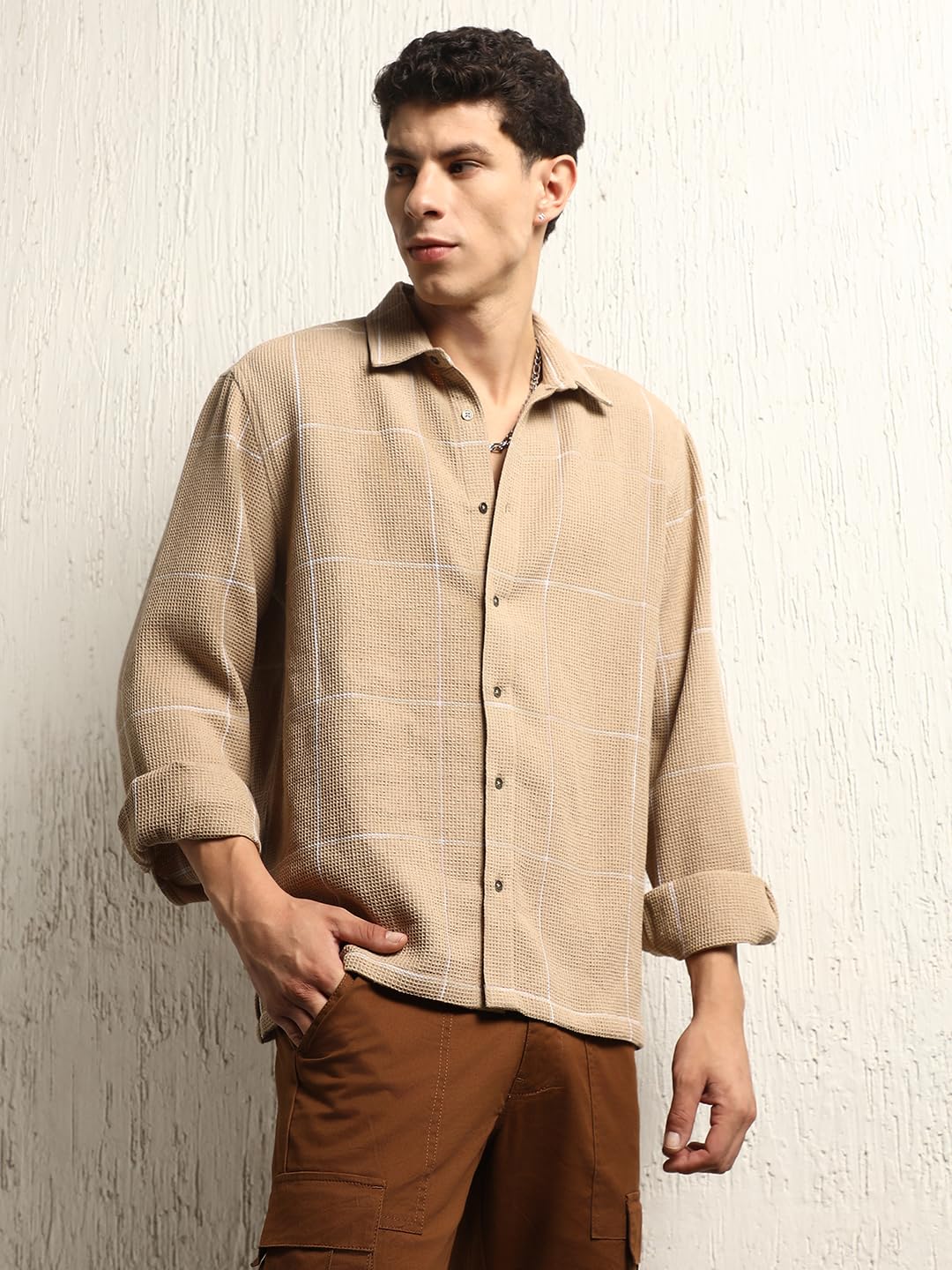 Hubberholme Men Summer Cotton Spread Collar Long Sleeves Oversized Casual Shirt 36 Beige